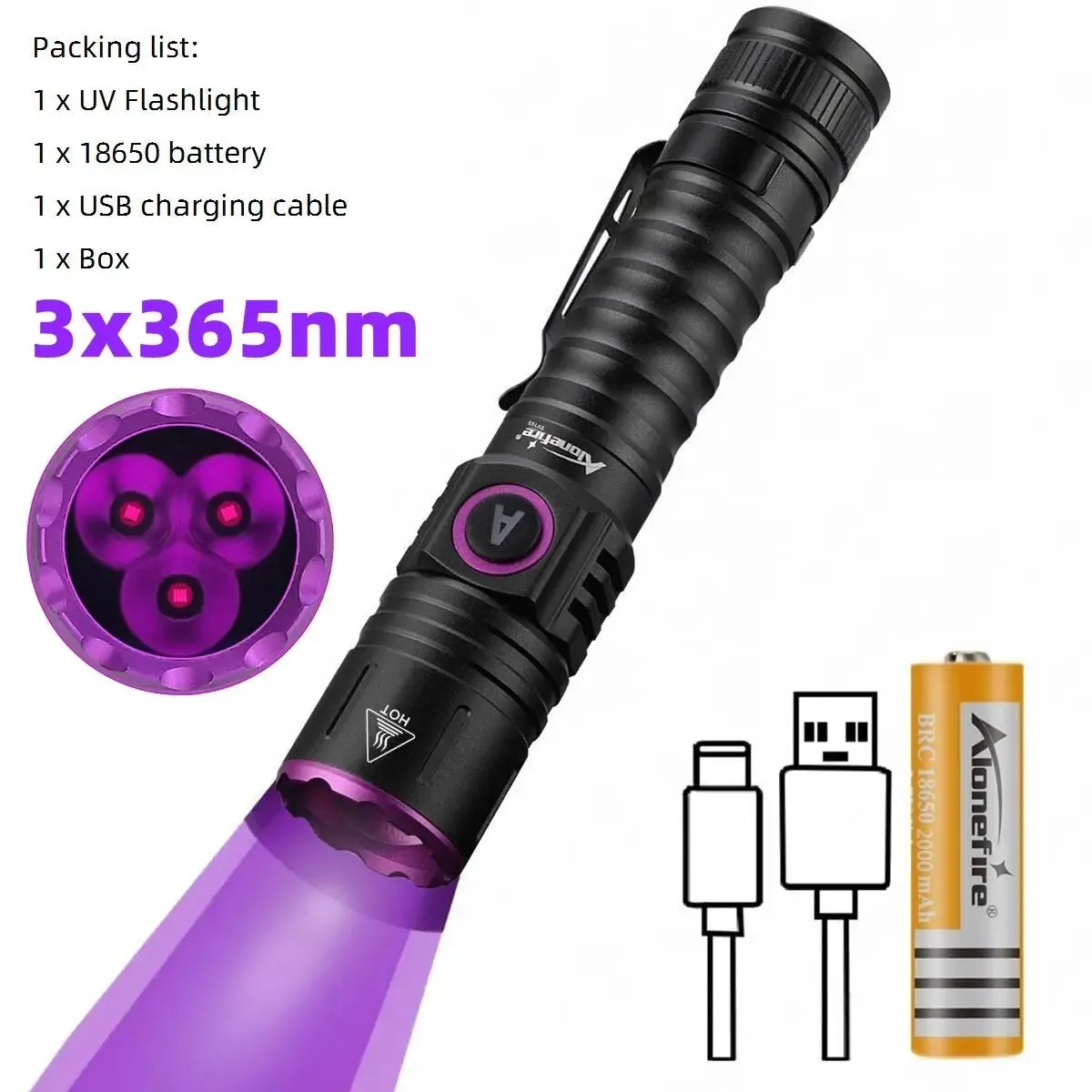 High Power 15W UV Flashlight 395/365nm USB Rechargeable for Pet Urine, Tinea, Ore, Money, Scorpions, Fluorescence Detection