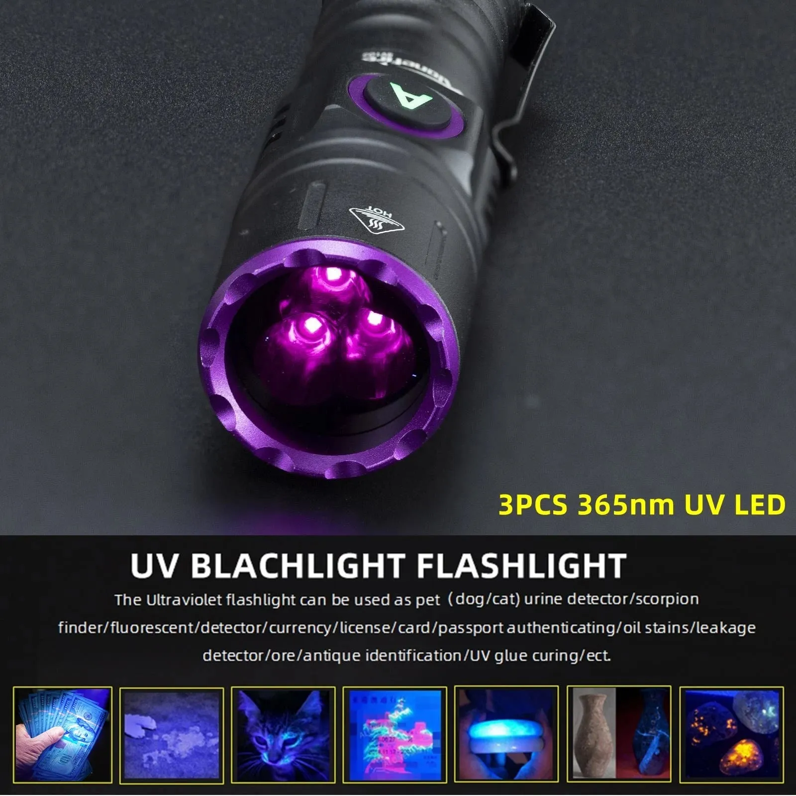 High Power 15W UV Flashlight 395/365nm USB Rechargeable for Pet Urine, Tinea, Ore, Money, Scorpions, Fluorescence Detection