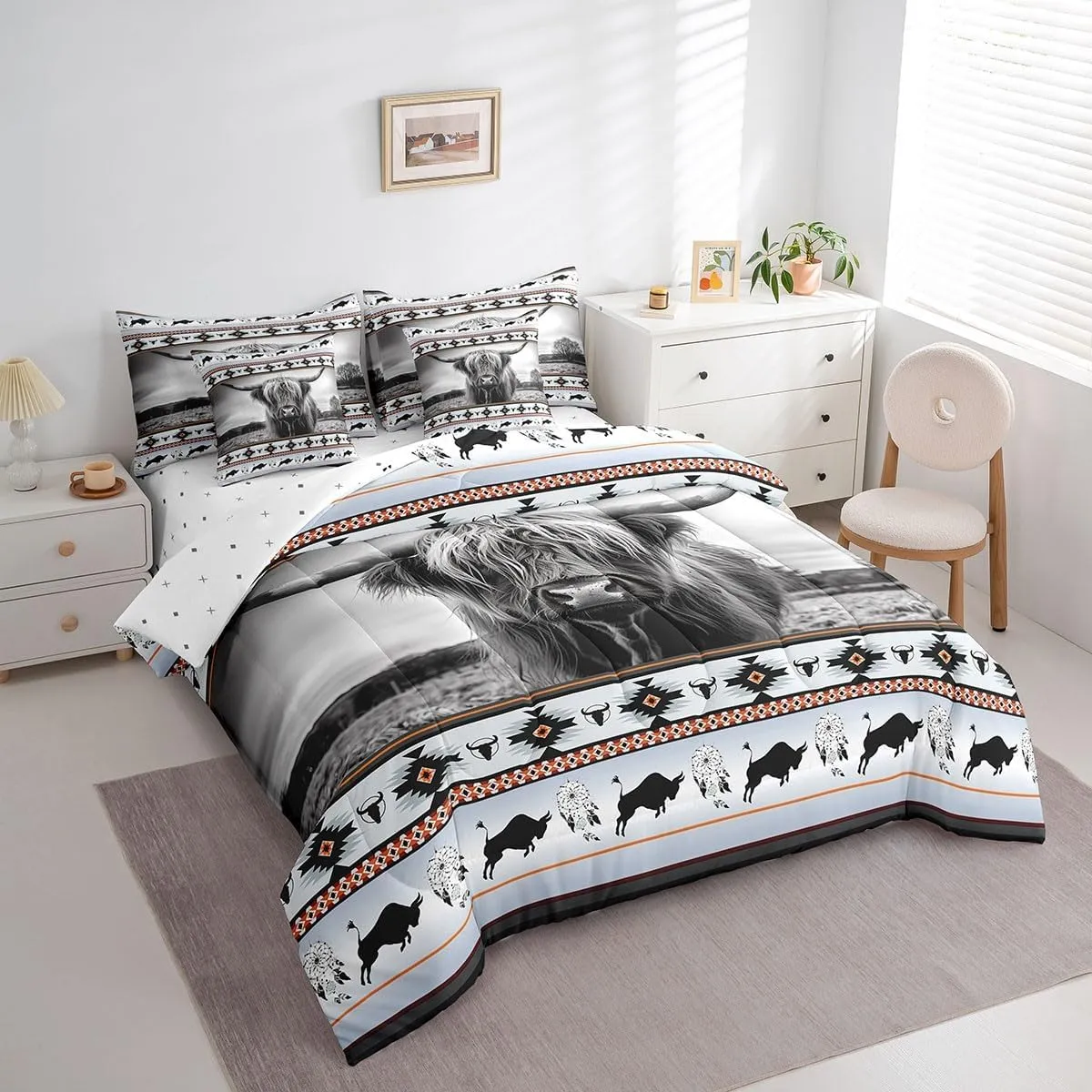Highland Cow Bed in a Bag King Size Comforter Set 7 Pieces,Ethnic Tribe Arrow Longhorn Bull Cattle Bedding Sets Cowboy Western Animals Sheet Set,Bohemian Exotic Nordic Style Dreamcatcher Bed Set