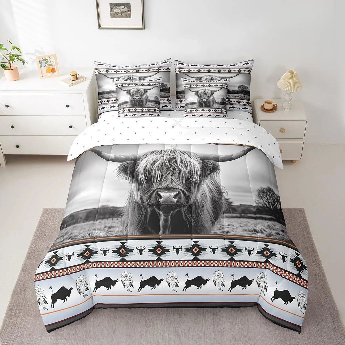 Highland Cow Bed in a Bag King Size Comforter Set 7 Pieces,Ethnic Tribe Arrow Longhorn Bull Cattle Bedding Sets Cowboy Western Animals Sheet Set,Bohemian Exotic Nordic Style Dreamcatcher Bed Set