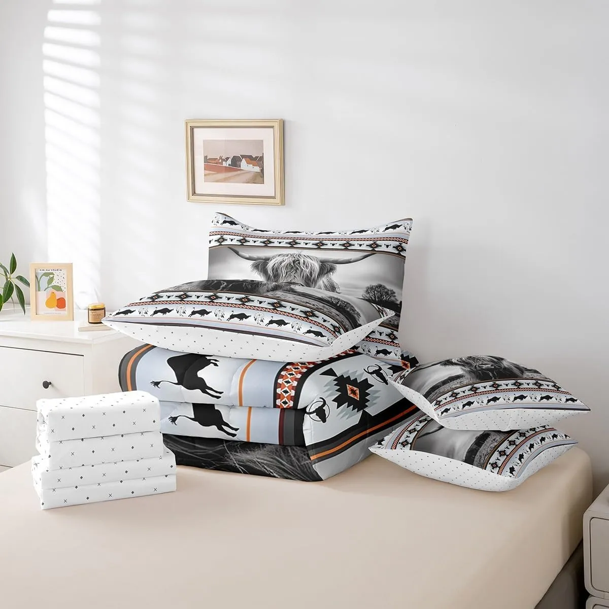 Highland Cow Bed in a Bag King Size Comforter Set 7 Pieces,Ethnic Tribe Arrow Longhorn Bull Cattle Bedding Sets Cowboy Western Animals Sheet Set,Bohemian Exotic Nordic Style Dreamcatcher Bed Set