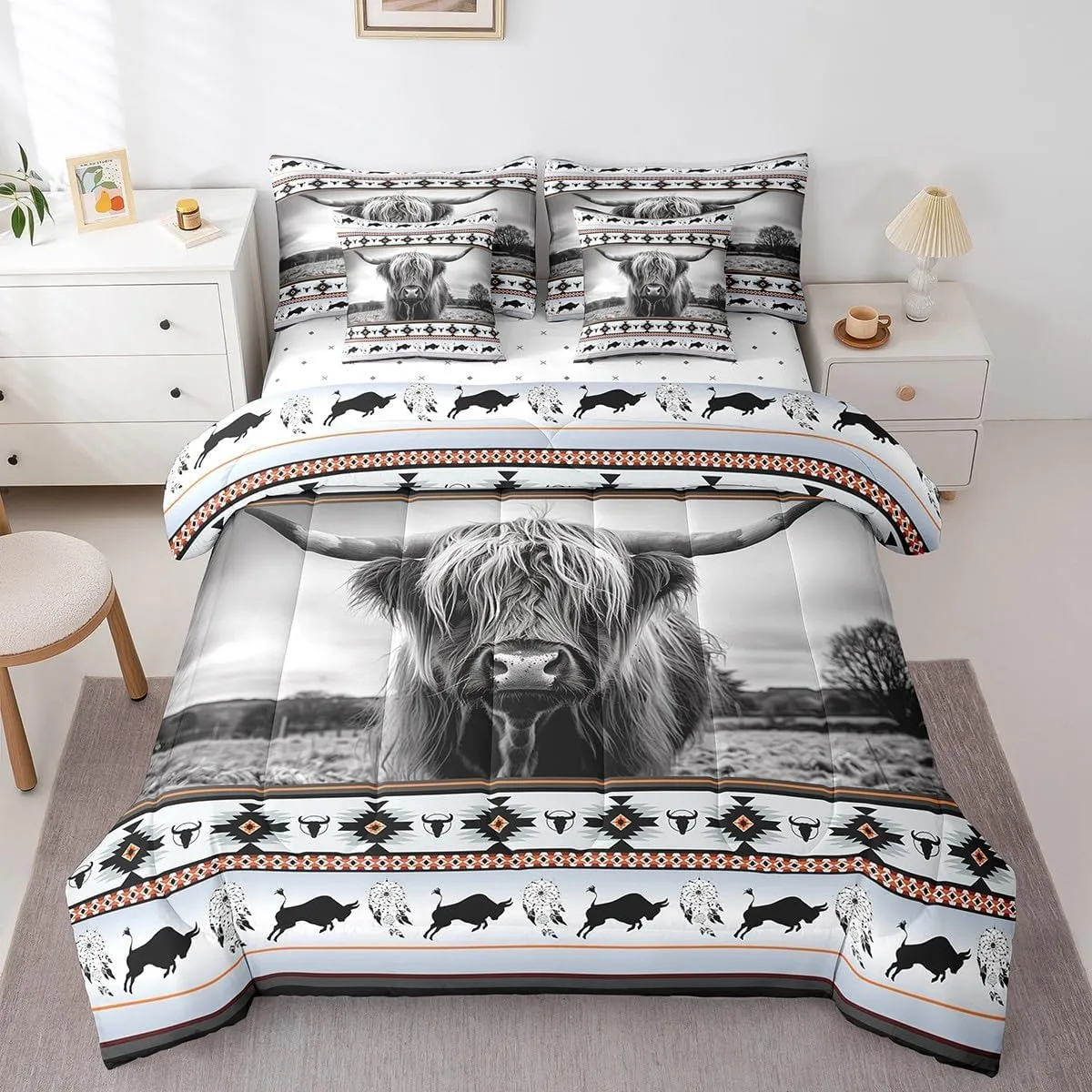 Highland Cow Bed in a Bag King Size Comforter Set 7 Pieces,Ethnic Tribe Arrow Longhorn Bull Cattle Bedding Sets Cowboy Western Animals Sheet Set,Bohemian Exotic Nordic Style Dreamcatcher Bed Set