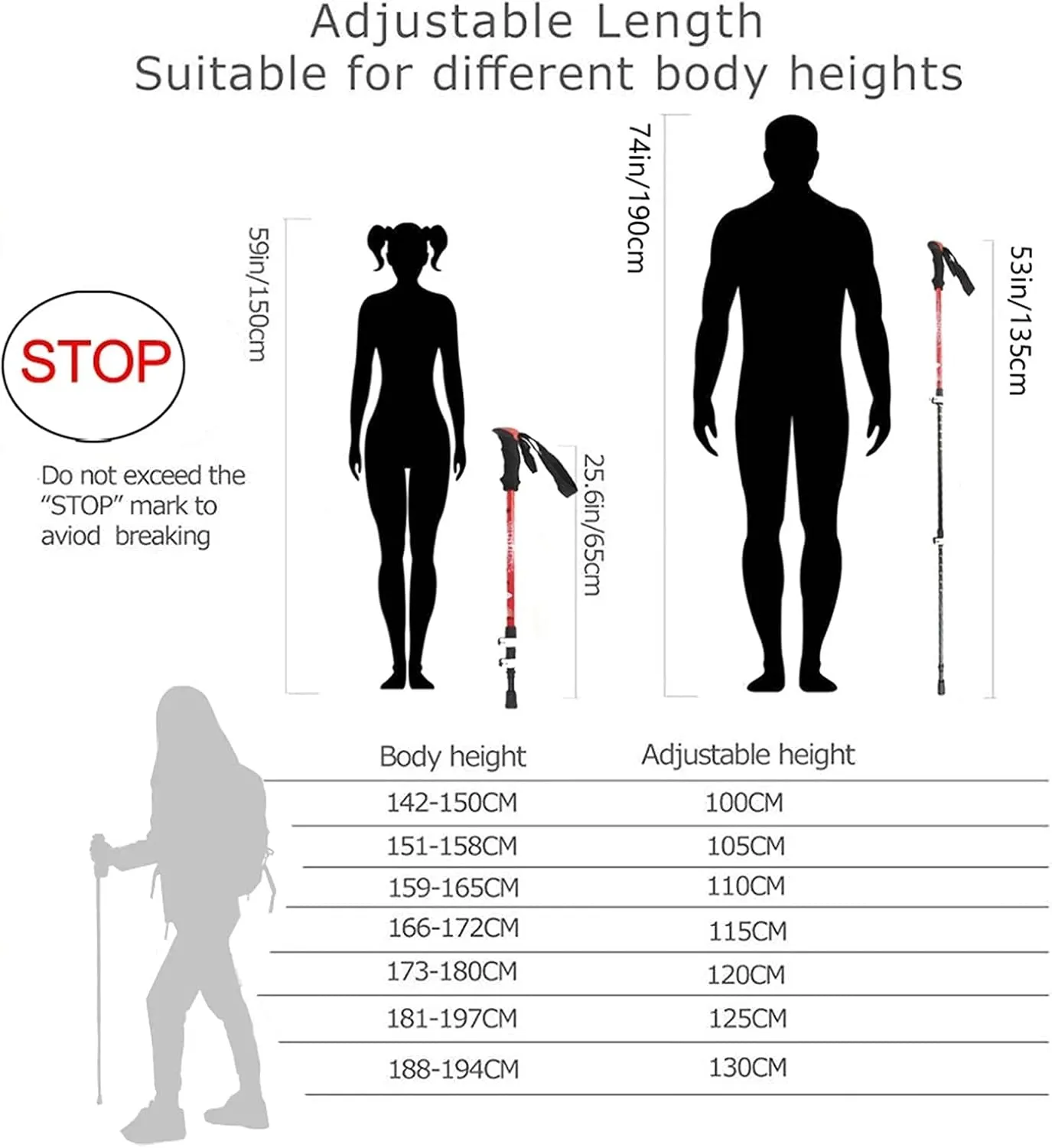 Hiking Trekking Poles, Retractable and Adjustable Trekking Trekking Poles, Adjustable 65-135Cm, Soft and Comfortable Handles for Multiple Terrains. Suitable for Climbing Camping (B