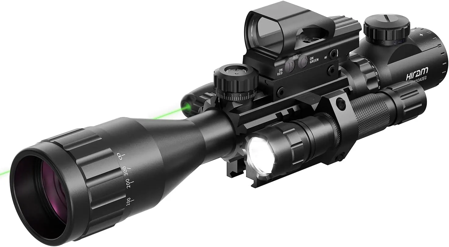 HIRAM 4-16x50 AO Rifle Scope Combo with Green Laser, Reflex Sight, and 5 Brightness Modes Flashlight