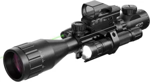 HIRAM 4-16x50 AO Rifle Scope Combo with Green Laser, Reflex Sight, and 5 Brightness Modes Flashlight