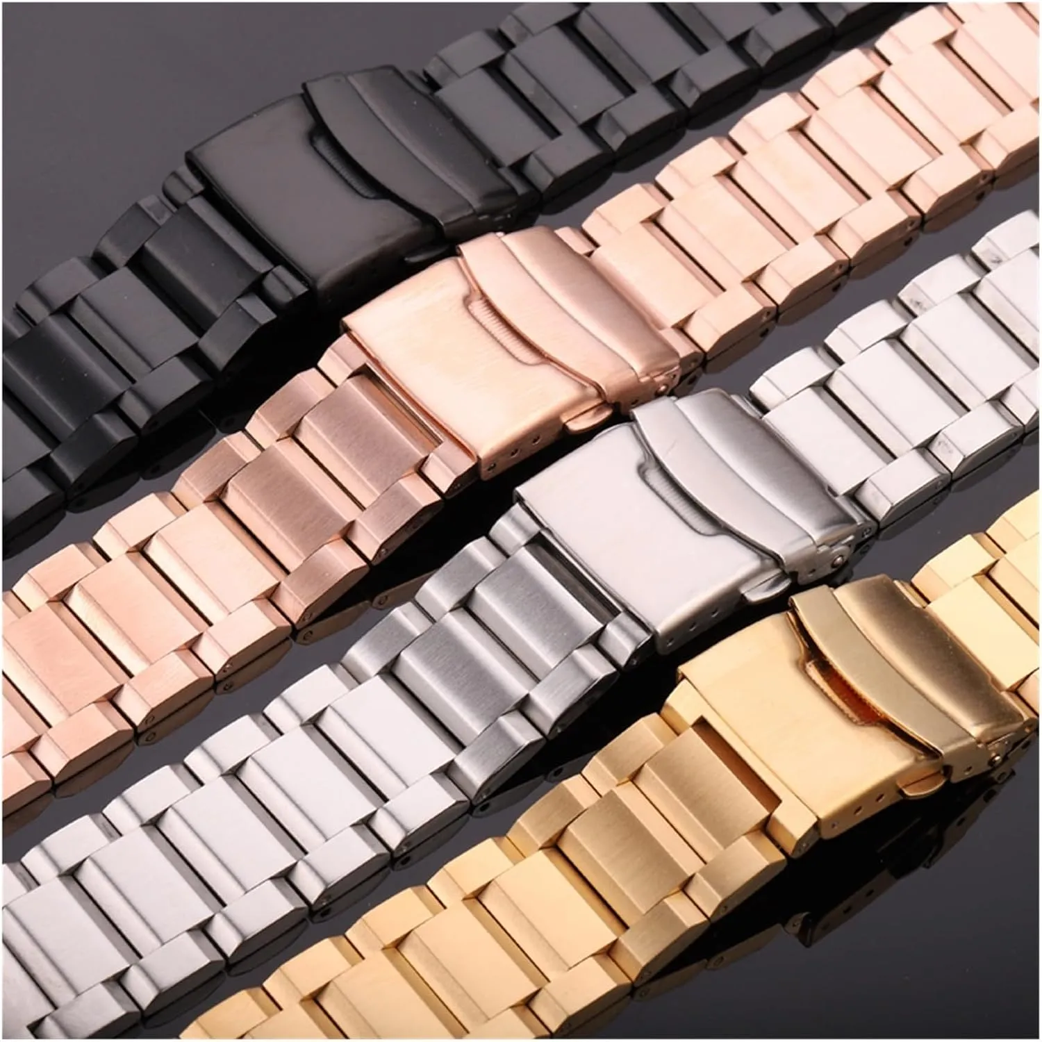 HMFang Solid Stainless Steel Watch Band Bracelet 18mm 20mm 22mm 24mm Metal Watchband Women Men Silver Blue Black Gold Strap Accessories
