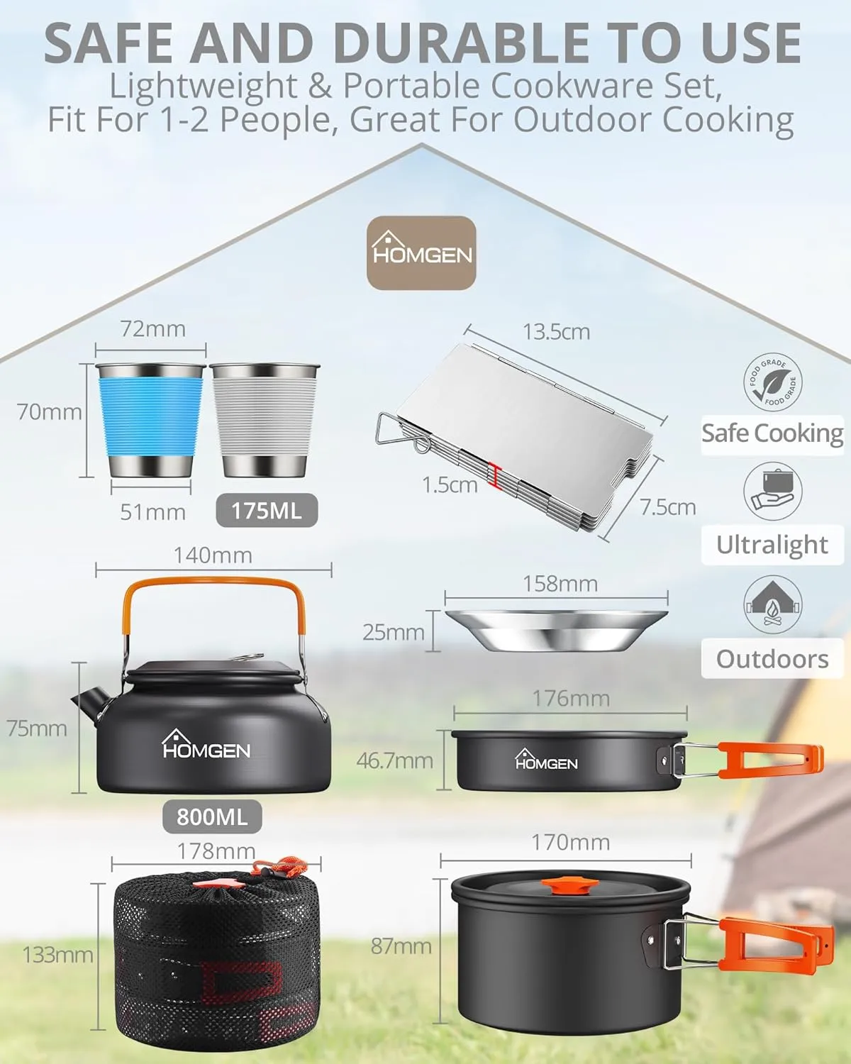 HOMGEN Portable Camping Cooking Set Camping Pots and Pans Set Aluminium Camping Cookware Kit Lightweight Camping Cooking Equipment with Storage Bag for 2-3 People for Camping Picnic Hiking etc