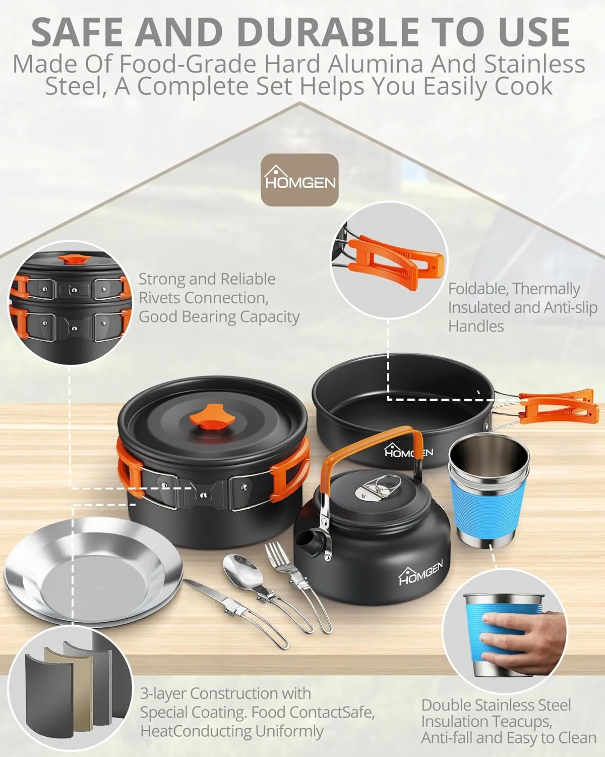 HOMGEN Portable Camping Cooking Set Camping Pots and Pans Set Aluminium Camping Cookware Kit Lightweight Camping Cooking Equipment with Storage Bag for 2-3 People for Camping Picnic Hiking etc