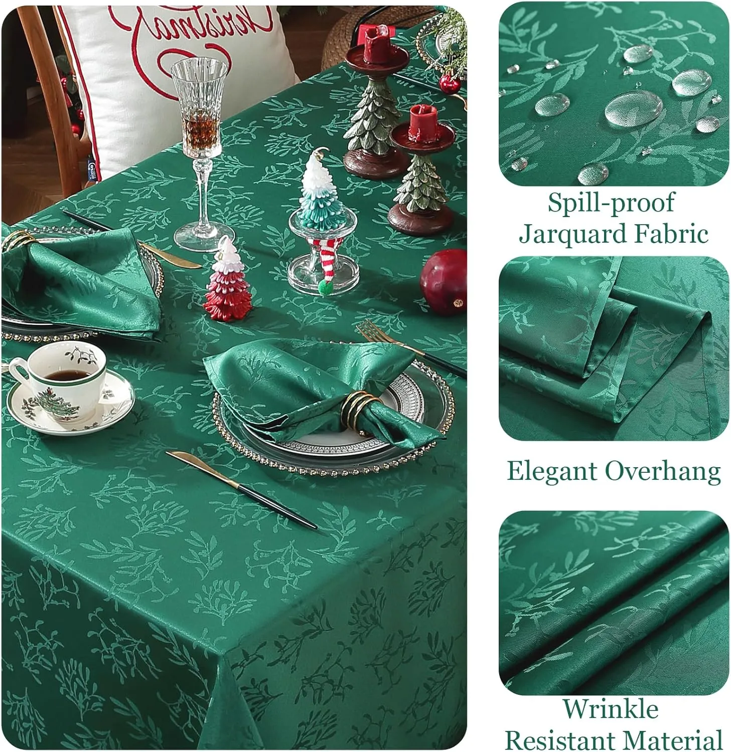 Honellaty Christmas Rectangular Tablecloth, Spillproof Wrinkle Resistant Jacquard Table Cloth with Christmas Mistletoe Patterns for Dining Room & Holiday Decoration (Green,52" x 70" (4-6 Seats))