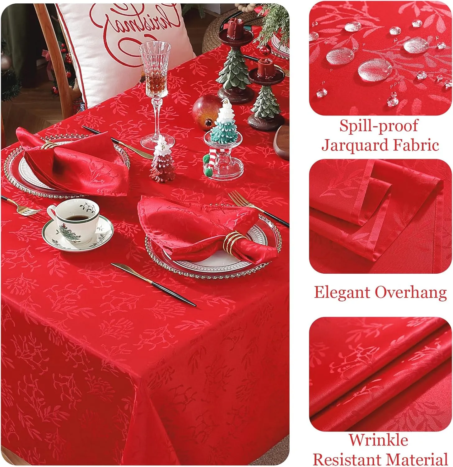 Honellaty Christmas Rectangular Tablecloth, Spillproof Wrinkle Resistant Jacquard Table Cloth with Christmas Mistletoe Patterns for Dining Room & Holiday Decoration (Red,52" x 70" (4-6 Seats))