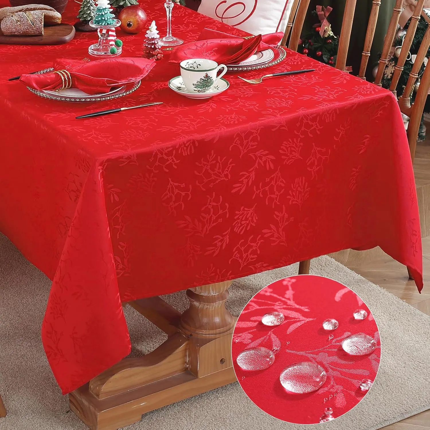 Honellaty Christmas Rectangular Tablecloth, Spillproof Wrinkle Resistant Jacquard Table Cloth with Christmas Mistletoe Patterns for Dining Room & Holiday Decoration (Red,52" x 70" (4-6 Seats))