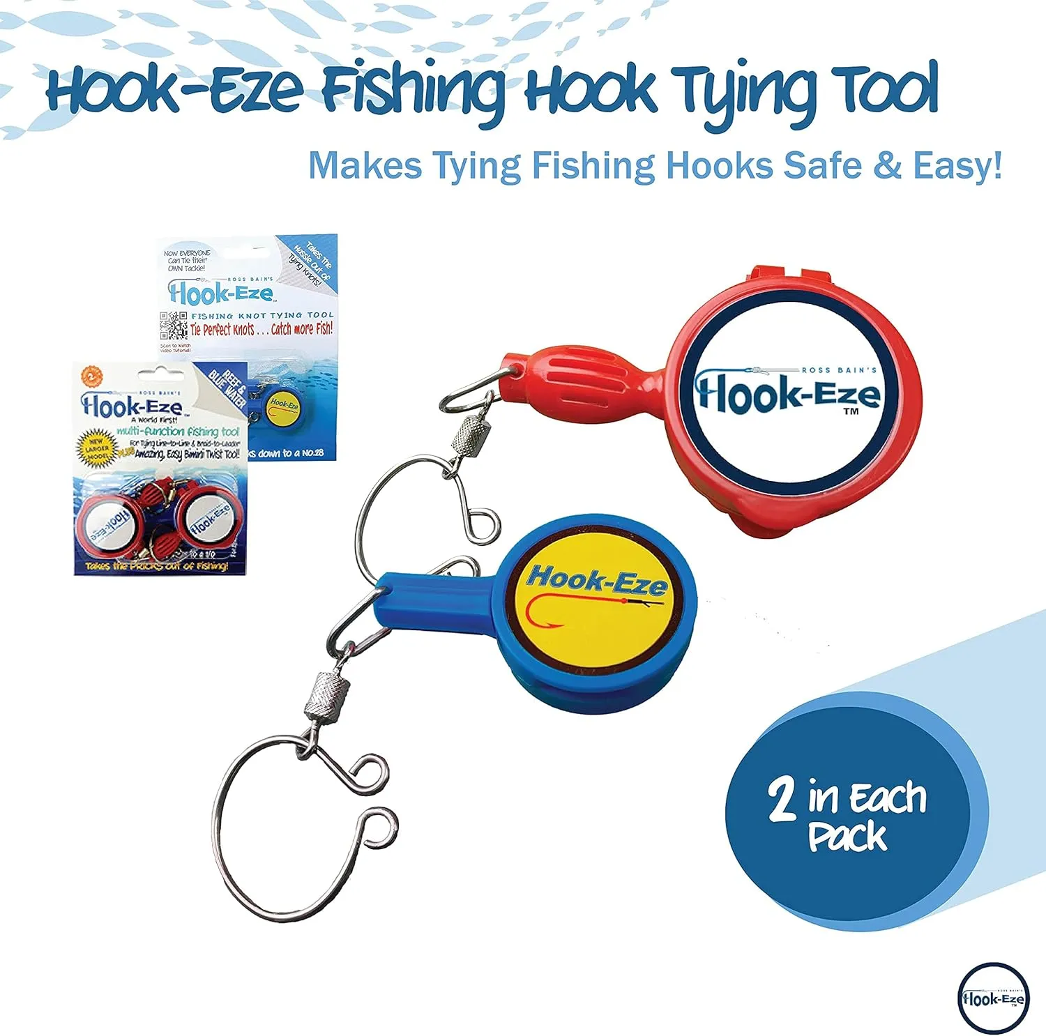 HOOK-EZE Knot Tying Tool Cover Hooks on 4 Fishing Poles - Line Cutter - 2 Sizes Saltwater Freshwater Bass Kayak Ice Fishing