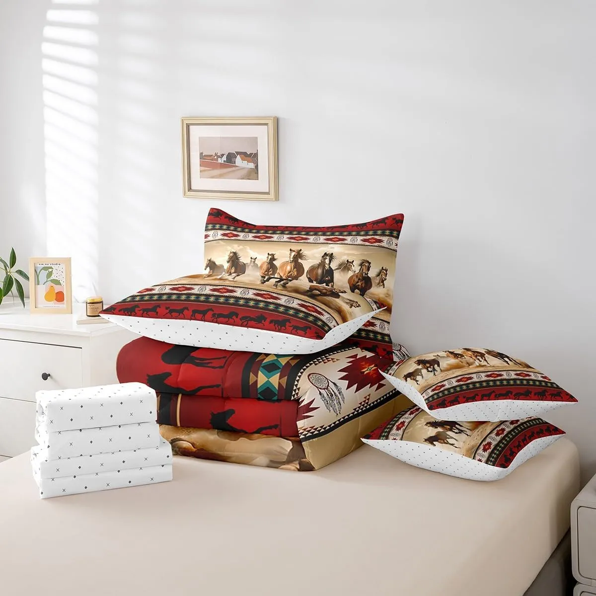 Horses Bed in a Bag Queen Comforter Set 7 Piece,Red Southwestern Native Aztec Bedding Sets Farmhouse Wildlife Indian Tribal Geometry Sheet Set with Comforter,Bohemian Dream Catchers Bed Set