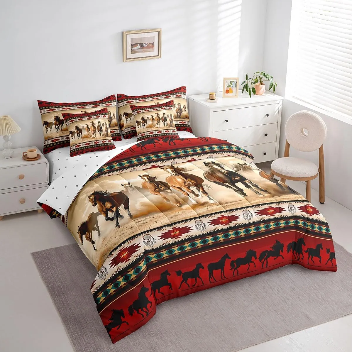 Horses Bed in a Bag Queen Comforter Set 7 Piece,Red Southwestern Native Aztec Bedding Sets Farmhouse Wildlife Indian Tribal Geometry Sheet Set with Comforter,Bohemian Dream Catchers Bed Set