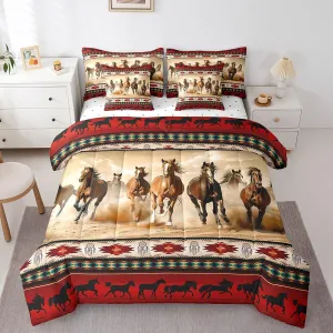 Horses Bed in a Bag Queen Comforter Set 7 Piece,Red Southwestern Native Aztec Bedding Sets Farmhouse Wildlife Indian Tribal Geometry Sheet Set with Comforter,Bohemian Dream Catchers Bed Set