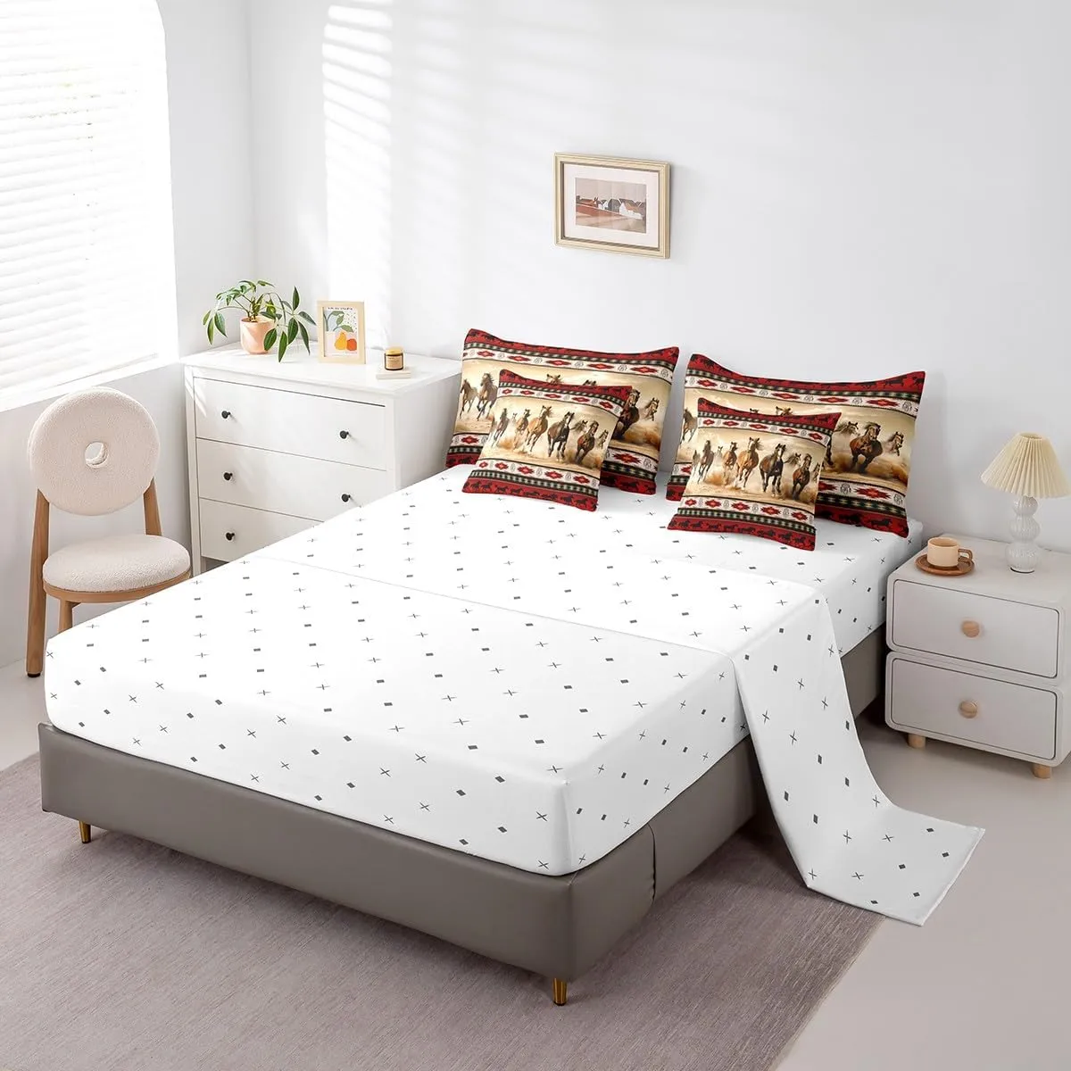 Horses Bed in a Bag Queen Comforter Set 7 Piece,Red Southwestern Native Aztec Bedding Sets Farmhouse Wildlife Indian Tribal Geometry Sheet Set with Comforter,Bohemian Dream Catchers Bed Set