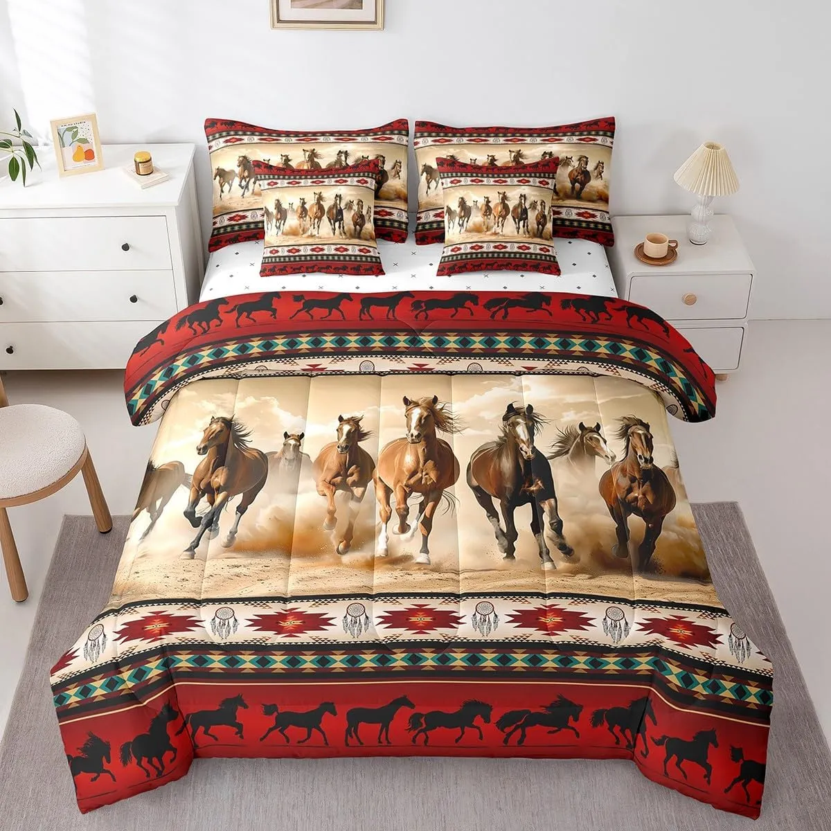 Horses Bed in a Bag Queen Comforter Set 7 Piece,Red Southwestern Native Aztec Bedding Sets Farmhouse Wildlife Indian Tribal Geometry Sheet Set with Comforter,Bohemian Dream Catchers Bed Set