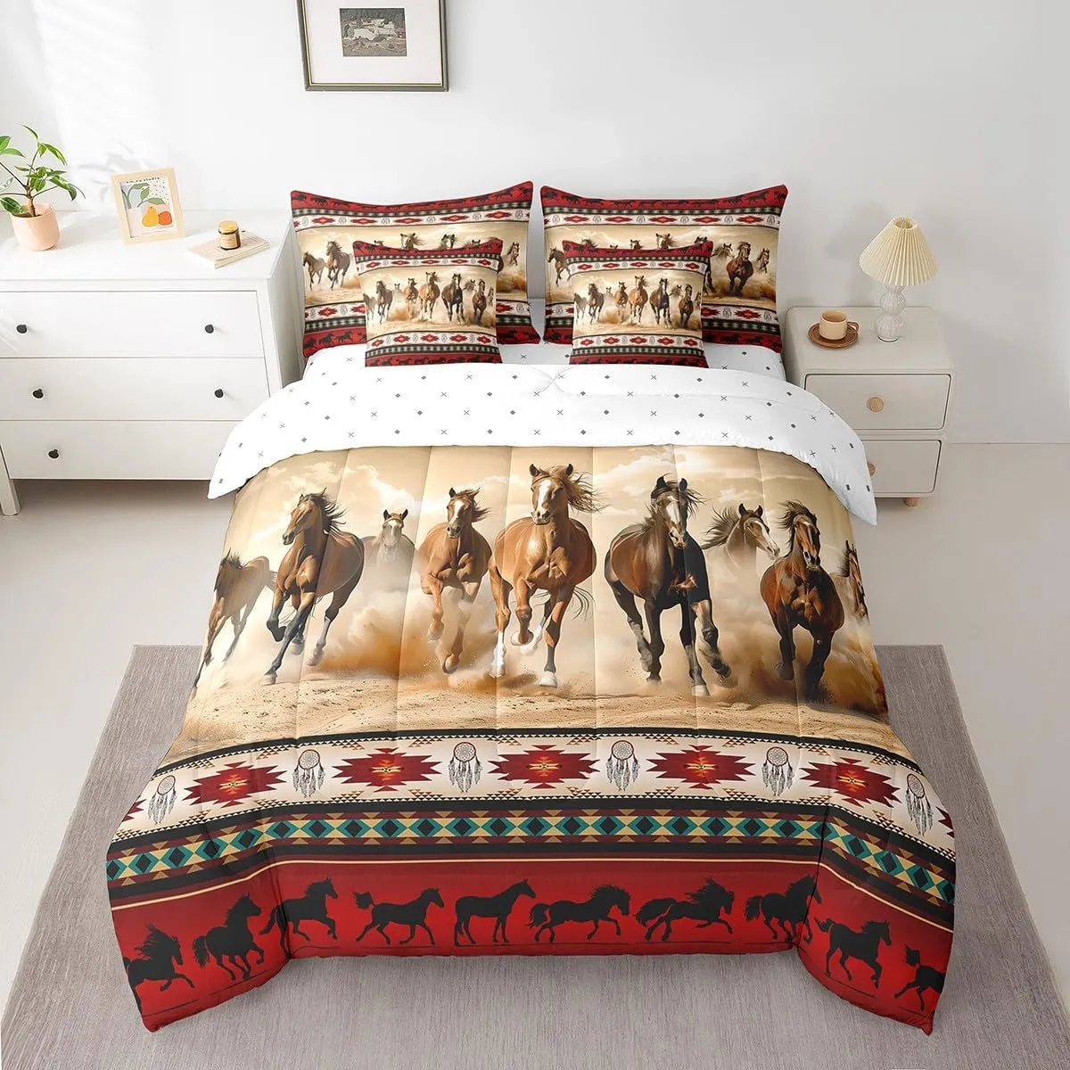 Horses Bed in a Bag Queen Comforter Set 7 Piece,Red Southwestern Native Aztec Bedding Sets Farmhouse Wildlife Indian Tribal Geometry Sheet Set with Comforter,Bohemian Dream Catchers Bed Set