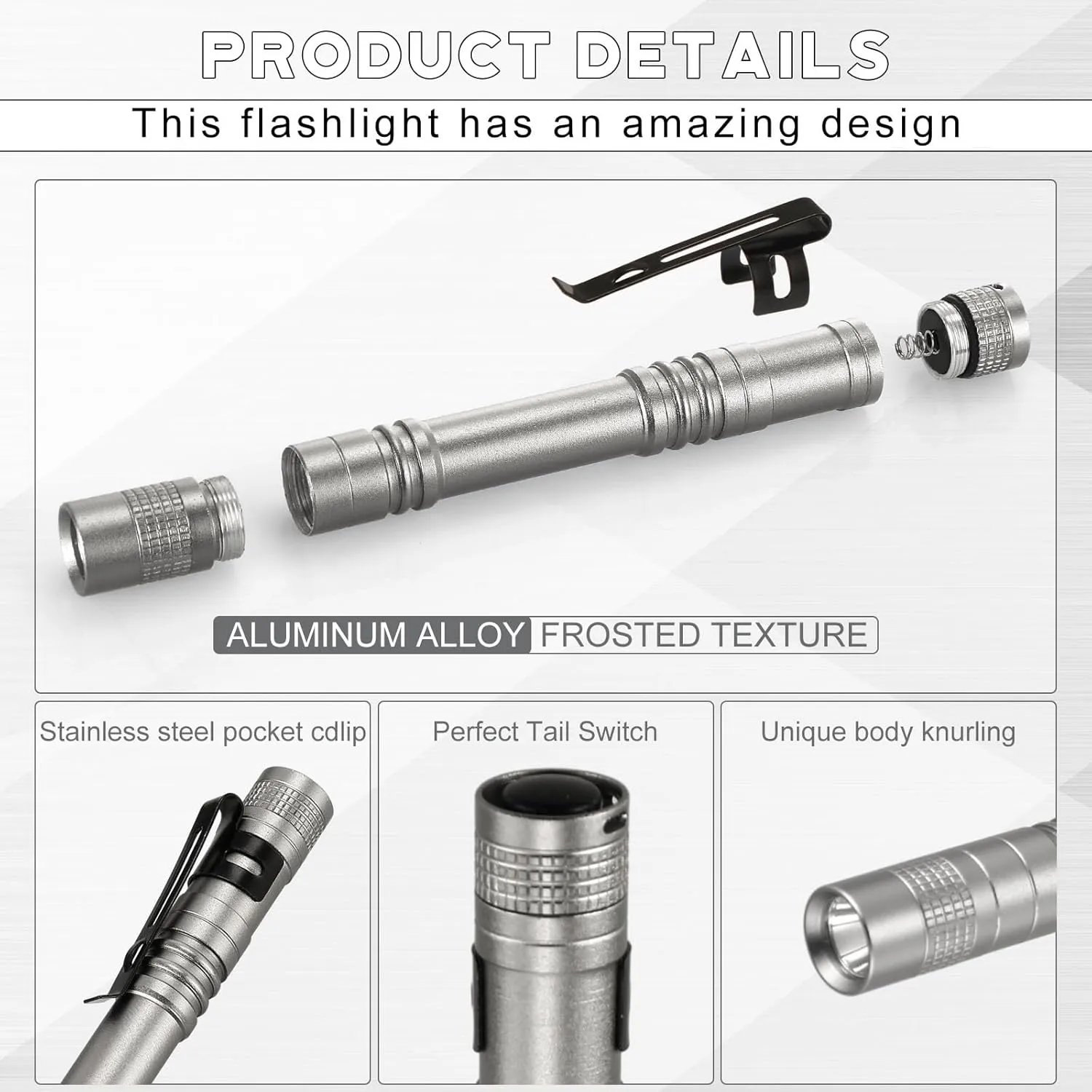 Hortsun 20 Pcs Mini Pen Light Flashlights Fathers Day Gifts Pocket Flashlights Pen with Clip Small LED Handheld Slim Torches Without Battery(5.12 Inch,Gray)