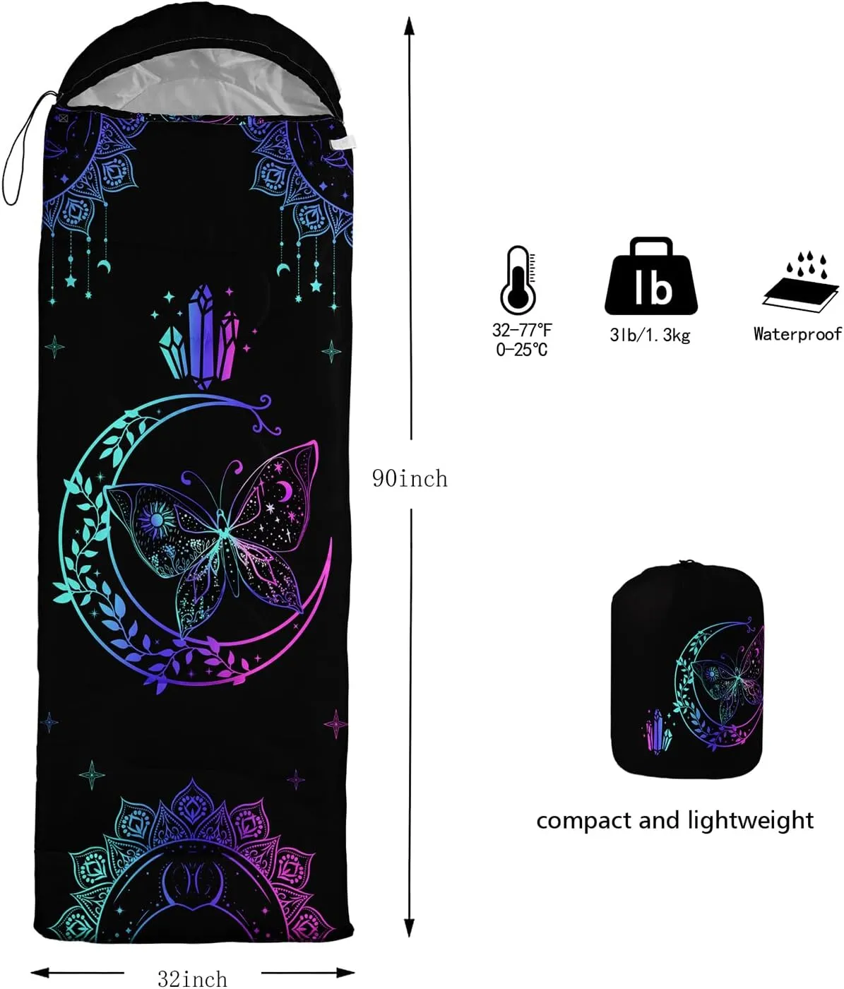 HOSIMA Boho Butterfly Sleeping Bags for Adults Cold Weather&Warm Weather Kids Sleeping Bags for Camping Hiking Travel-Compact Mummy Sleeping Bag,Ultra Light Sleeping Bag for Backpacking.