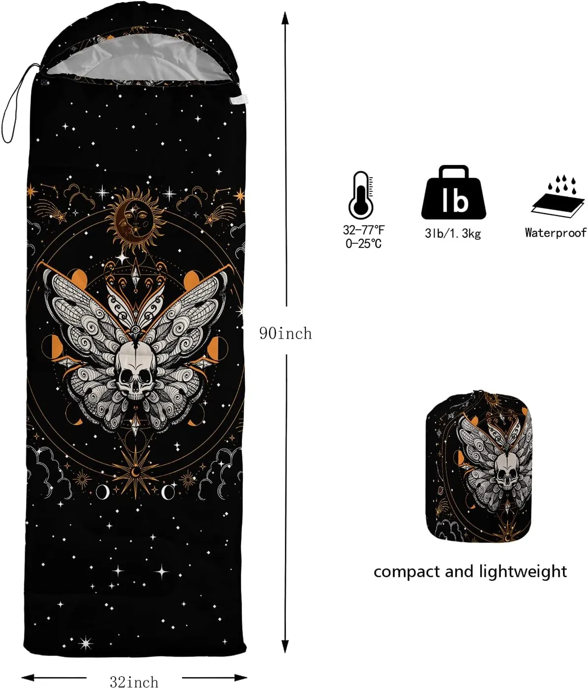 HOSIMA Butterfly Sleeping Bags for Adults and Kids for Camping,Black Gothic Ultralight Sleeping Bag for Cold Weather Summer.