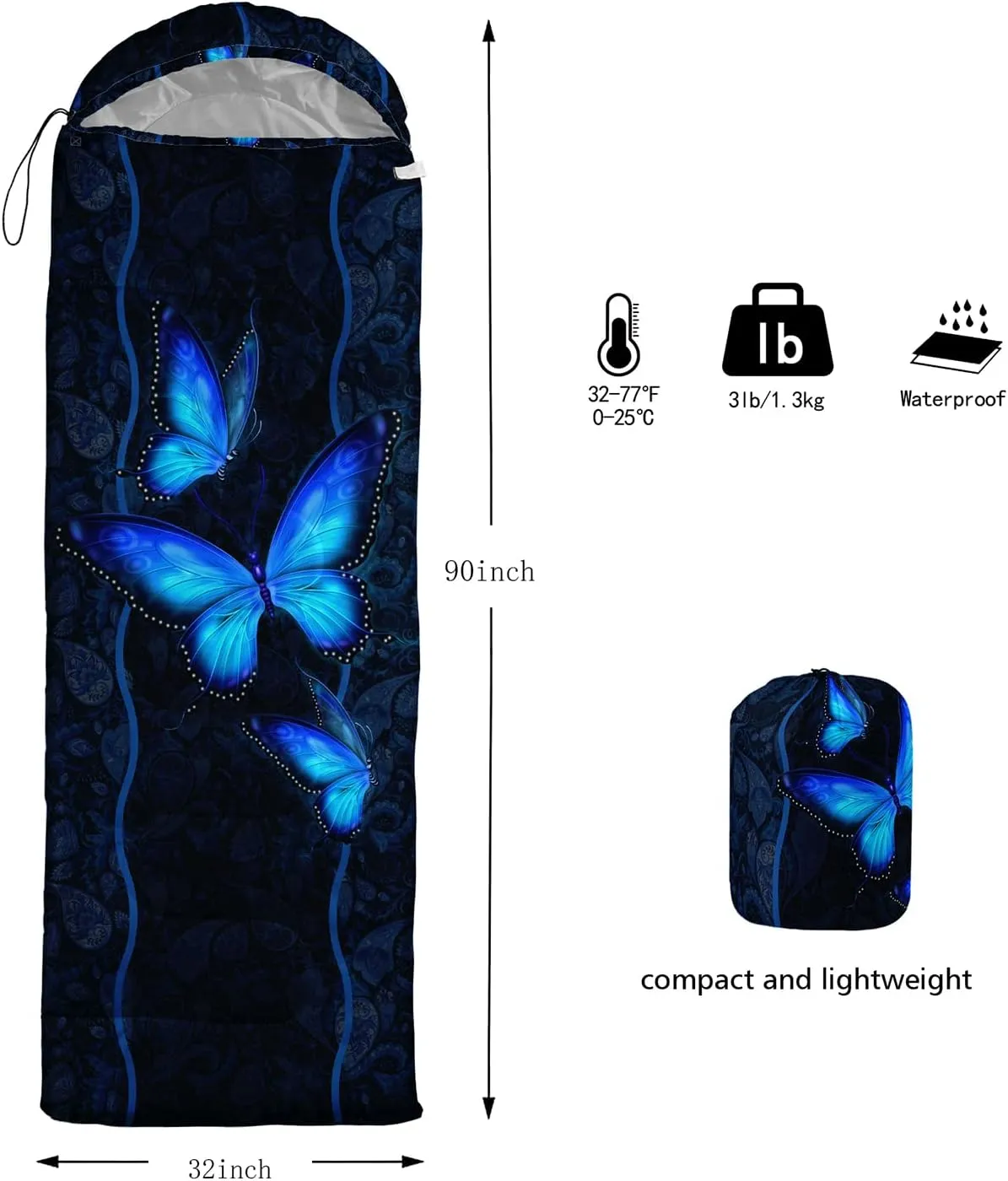 HOSIMA Butterfly Sleeping Bags for Adults and Kids for Camping,Black Gothic Ultralight Sleeping Bag for Cold Weather Summer.