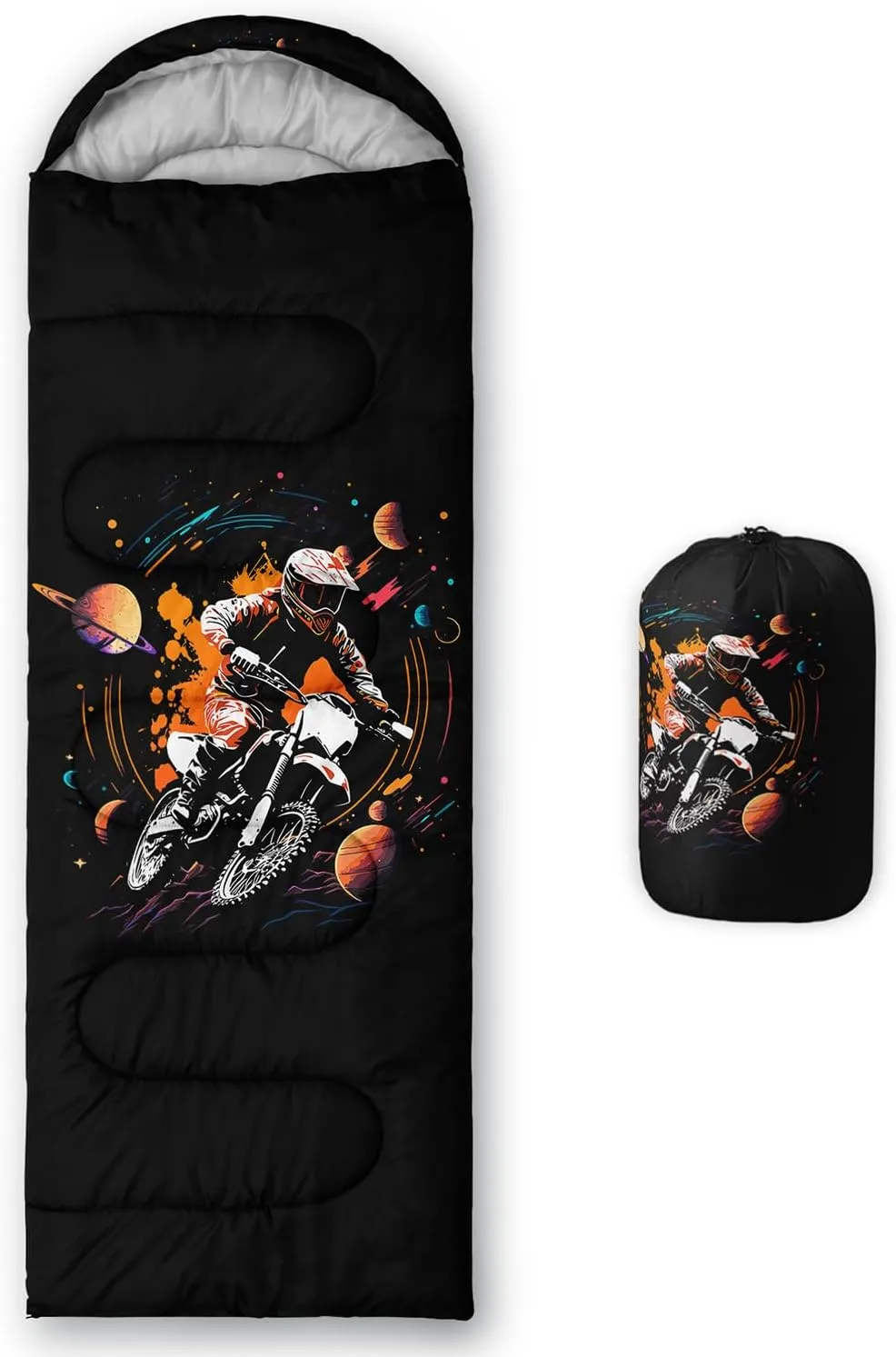 HOSIMA Motorcycle Contest Pattern Sleeping Bags for Adults Camping Essentials,Black Camping Backpacking Sleeping Bag for Kids,Traveling and Outdoors Compact Sleeping Bag.