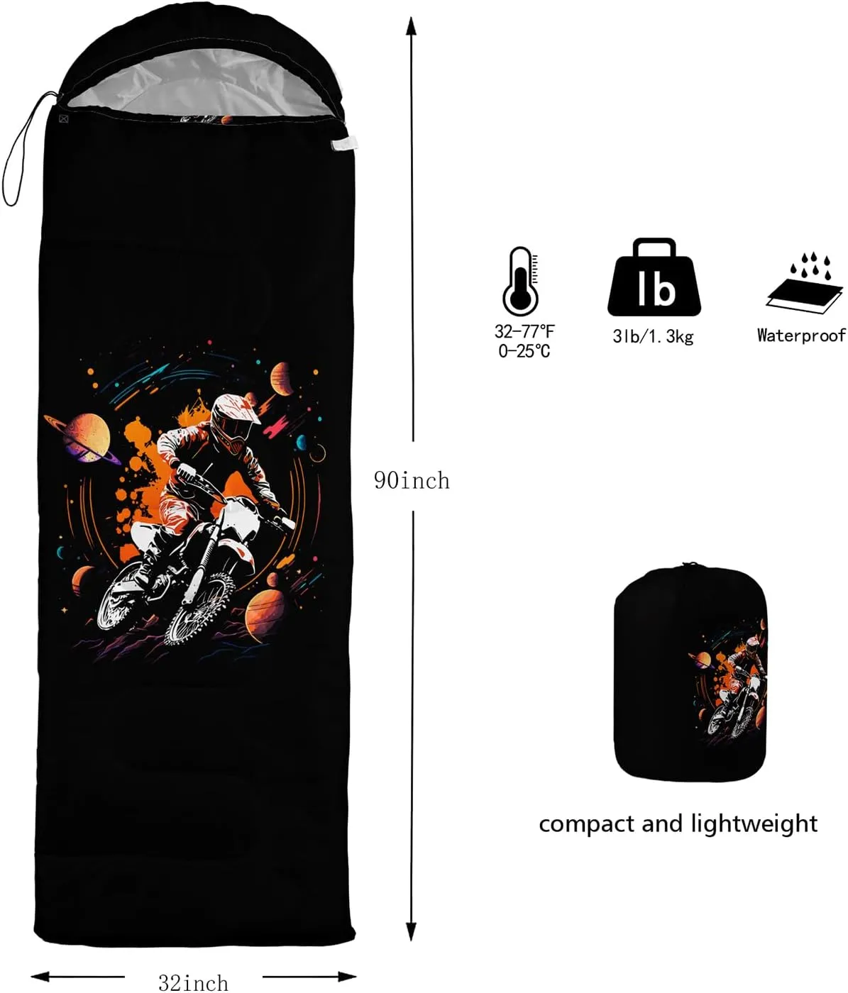 HOSIMA Motorcycle Contest Pattern Sleeping Bags for Adults Camping Essentials,Black Camping Backpacking Sleeping Bag for Kids,Traveling and Outdoors Compact Sleeping Bag.