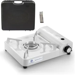 HTHomeprod Camping Stove Portable Butane Stoves Gas Fuel Windproof Single Burner Outdoor Cooker With Carry Case Wind Guard (White)