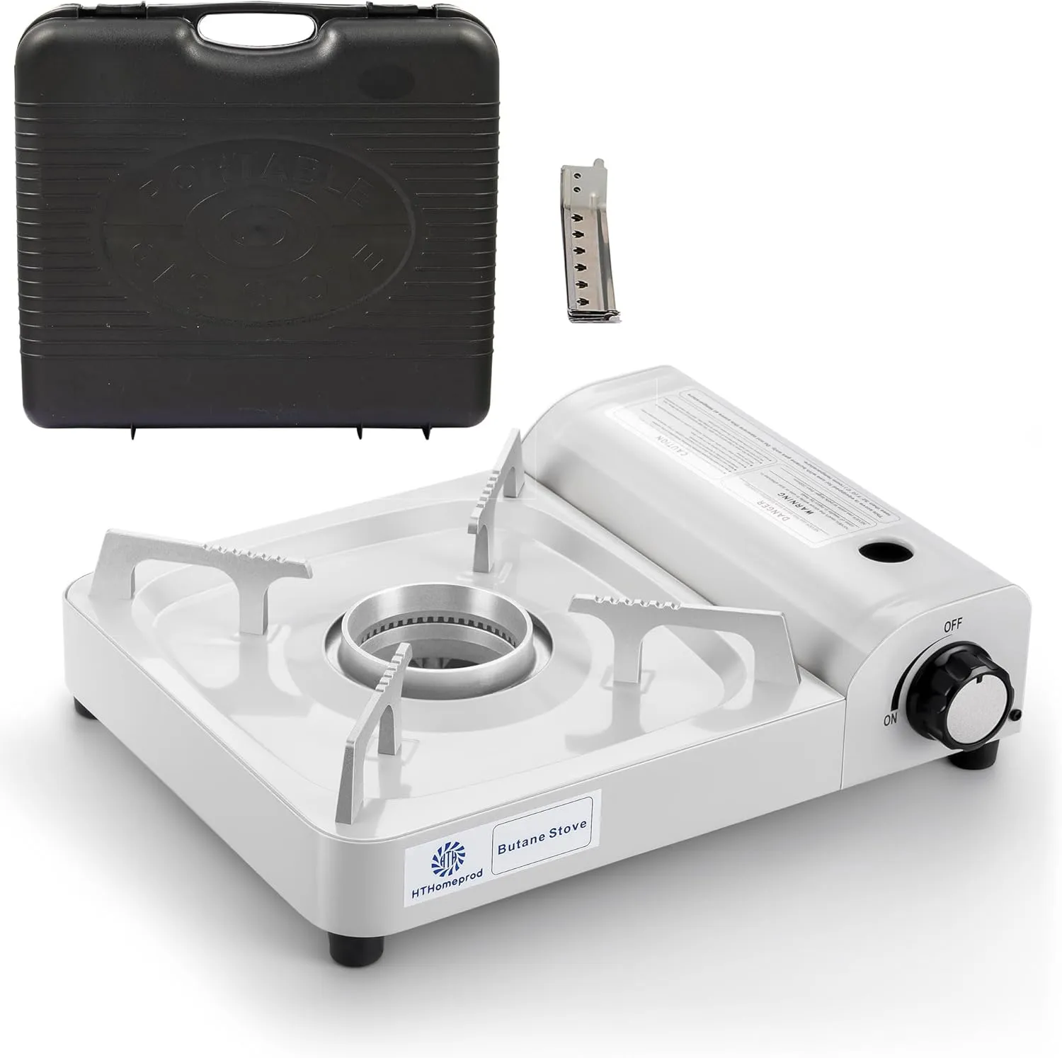 HTHomeprod Camping Stove Portable Butane Stoves Gas Fuel Windproof Single Burner Outdoor Cooker With Carry Case Wind Guard (White)