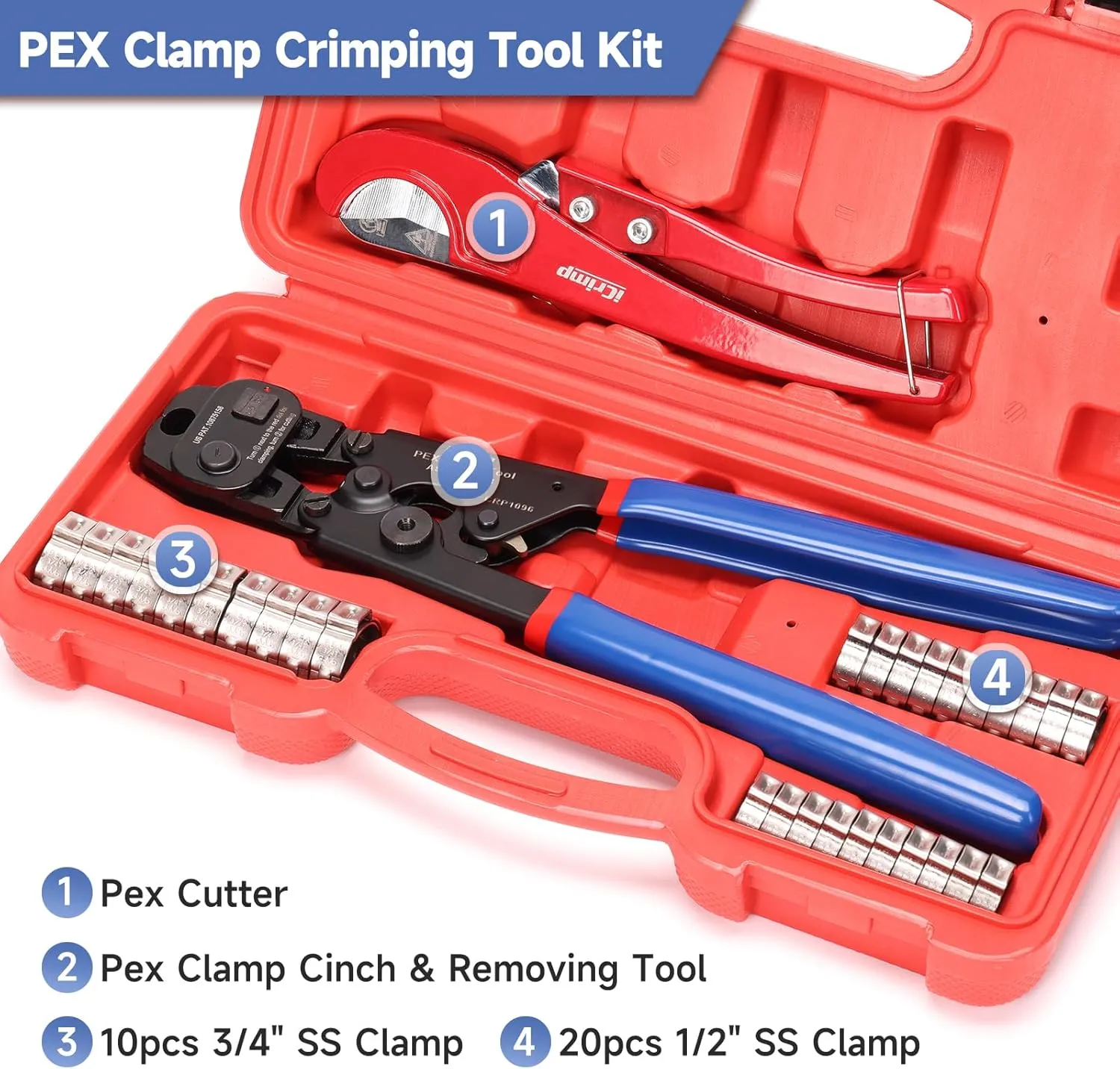 iCrimp Ratchet PEX Cinch Tool with Removing Function for 3/8-in, 1/2-in, 3/4-in, 1-in Stainless Steel Clamp, PEX Crimper with 20PCS 1/2-in, 10PCS 3/4-in PEX Clamps and Pipe Cutter- All in One
