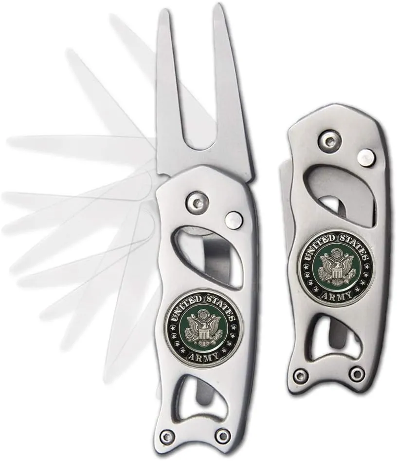 Indiana Metal Craft US ARMY SEAL Stainless Steel Construction Switchblade Golf Divot Repair Tool with 0.75 inches Die Struck Magnetic Nickel Silver Enamel Ball Marker