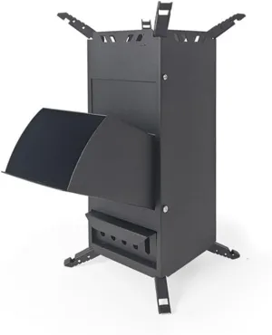 Indoor/Outdoor Portable Wood Stove, Camping Rocket Stove, Black, Wood Fuel, High Efficiency, 20,000 BTU, Freestanding, No Assembly Required