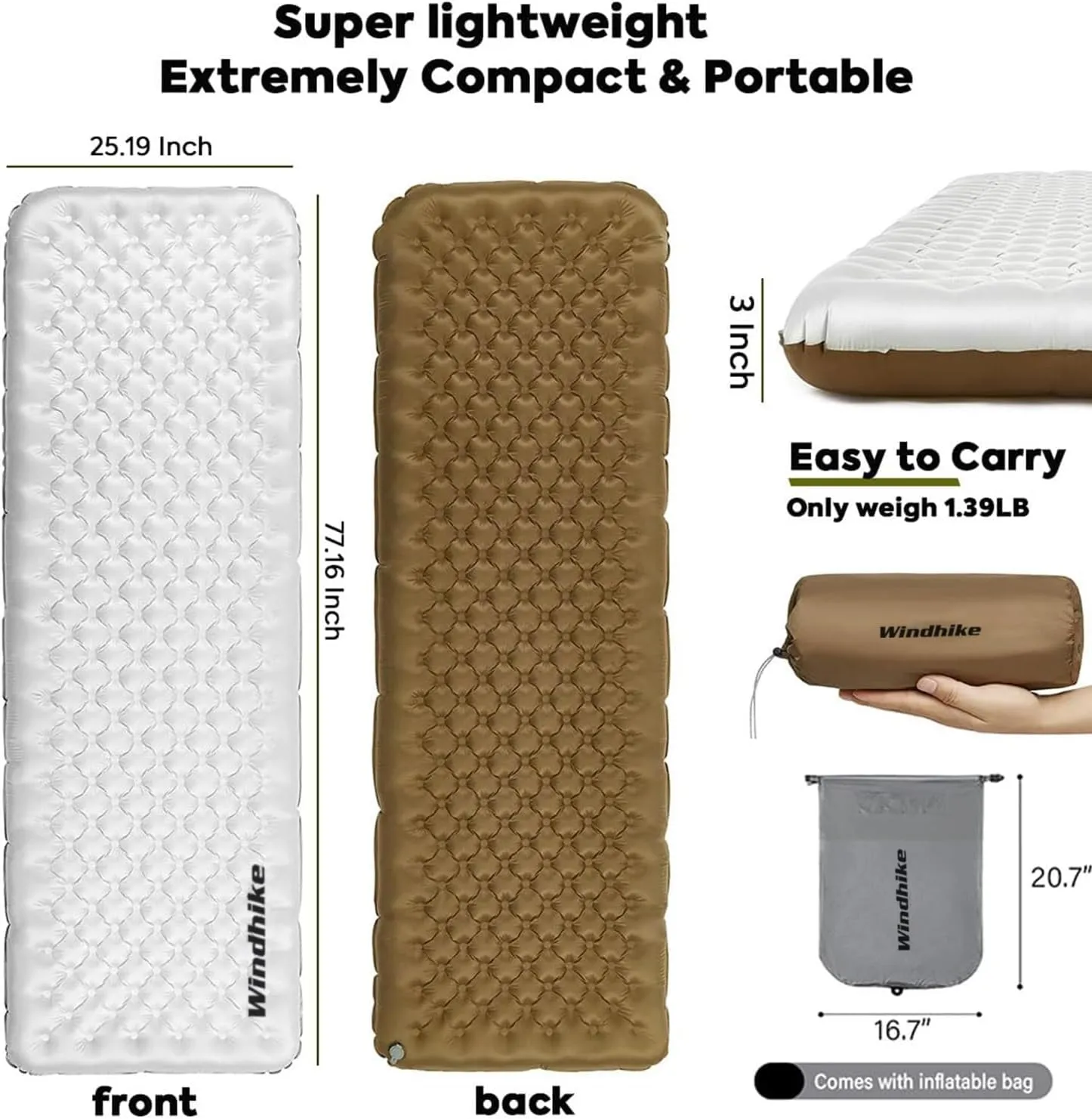Inflatable Camping Sleeping Pad, 3'' Ultra Thick Camping Mat 5 R-Value Insulated Camping Mattress, 4-Season Inflatable Foam Camping Mat for Car, Hiking