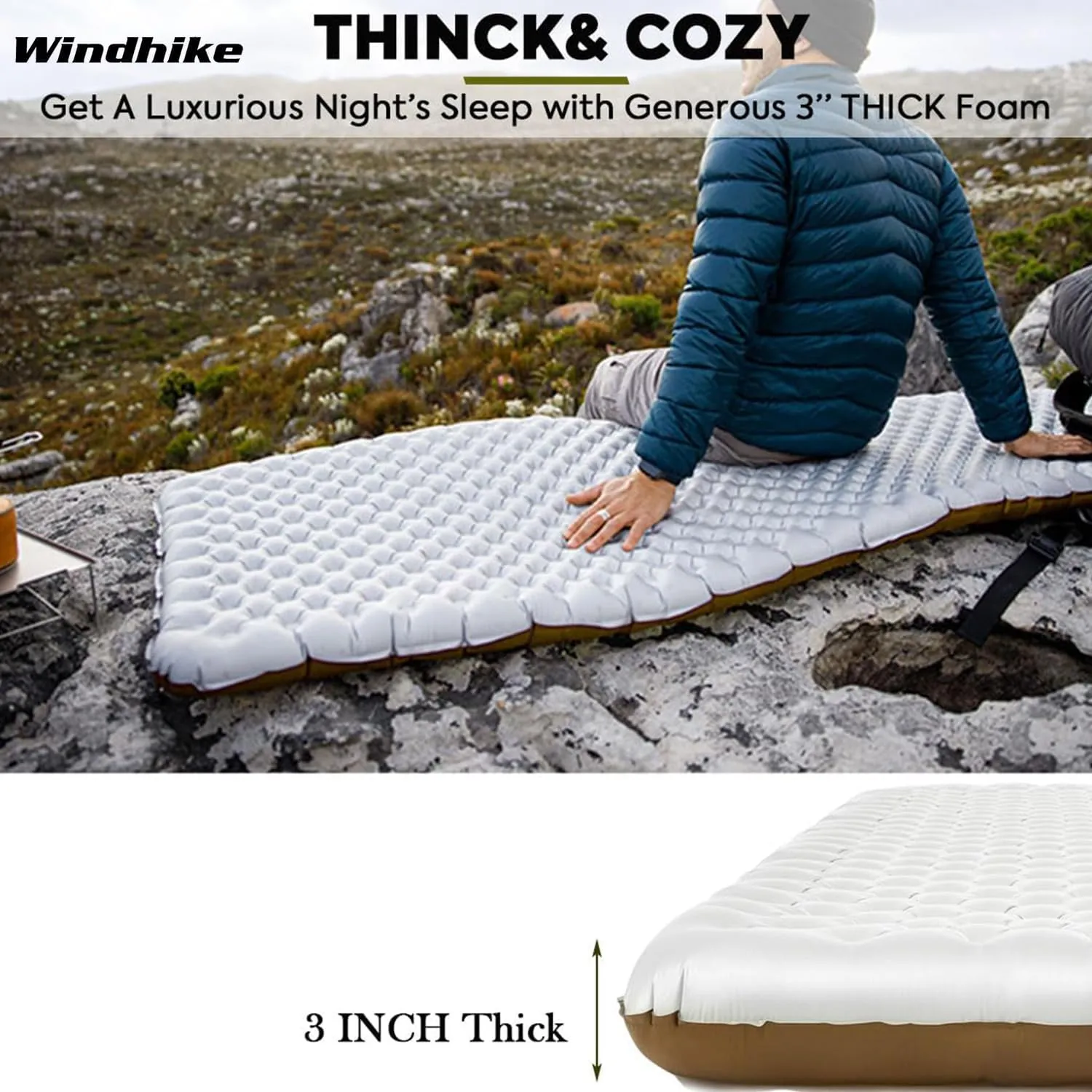 Inflatable Camping Sleeping Pad, 3'' Ultra Thick Camping Mat 5 R-Value Insulated Camping Mattress, 4-Season Inflatable Foam Camping Mat for Car, Hiking