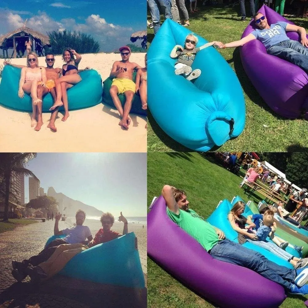 Inflatable Sofa Camping Outdoor Air Sleep Sofa Banana Shape Beach Lay Bag Couch Portable Furniture Big Living Room Bed Sofa (Blue)
