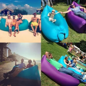 Inflatable Sofa Camping Outdoor Air Sleep Sofa Banana Shape Beach Lay Bag Couch Portable Furniture Big Living Room Bed Sofa (Blue)