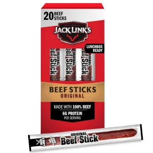 Jack Link's Beef Sticks, Original – Protein Snack, Meat Stick with 6g of Protein, Meat Snack Sticks Made with 100% Beef, Keto Friendly, Individually Wrapped – 0.92 Oz. (20 Count)