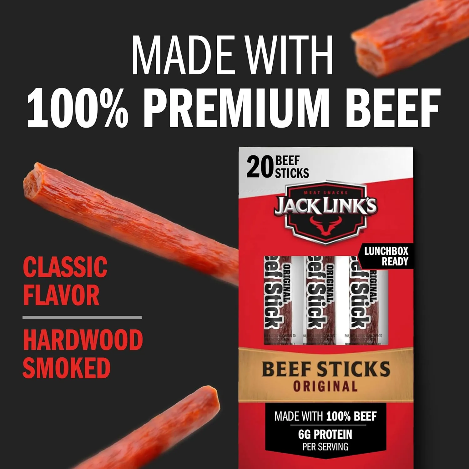 Jack Link's Beef Sticks, Original – Protein Snack, Meat Stick with 6g of Protein, Meat Snack Sticks Made with 100% Beef, Keto Friendly, Individually Wrapped – 0.92 Oz. (20 Count)