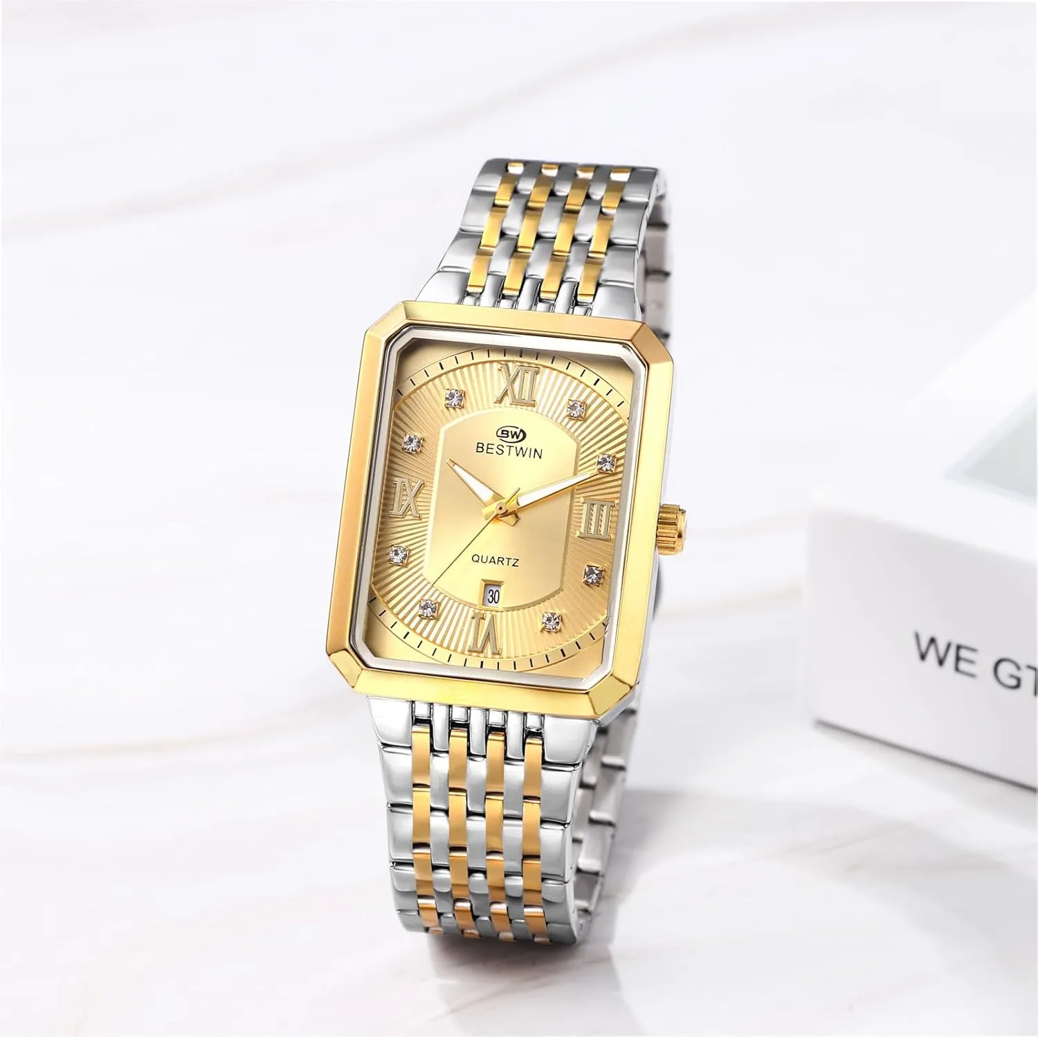 JewelryWe Rectangular Stainless Steel Watch: Men Gold Tone Quartz Analogue Square Tank Wristwatch Elegant Link Band Luxury