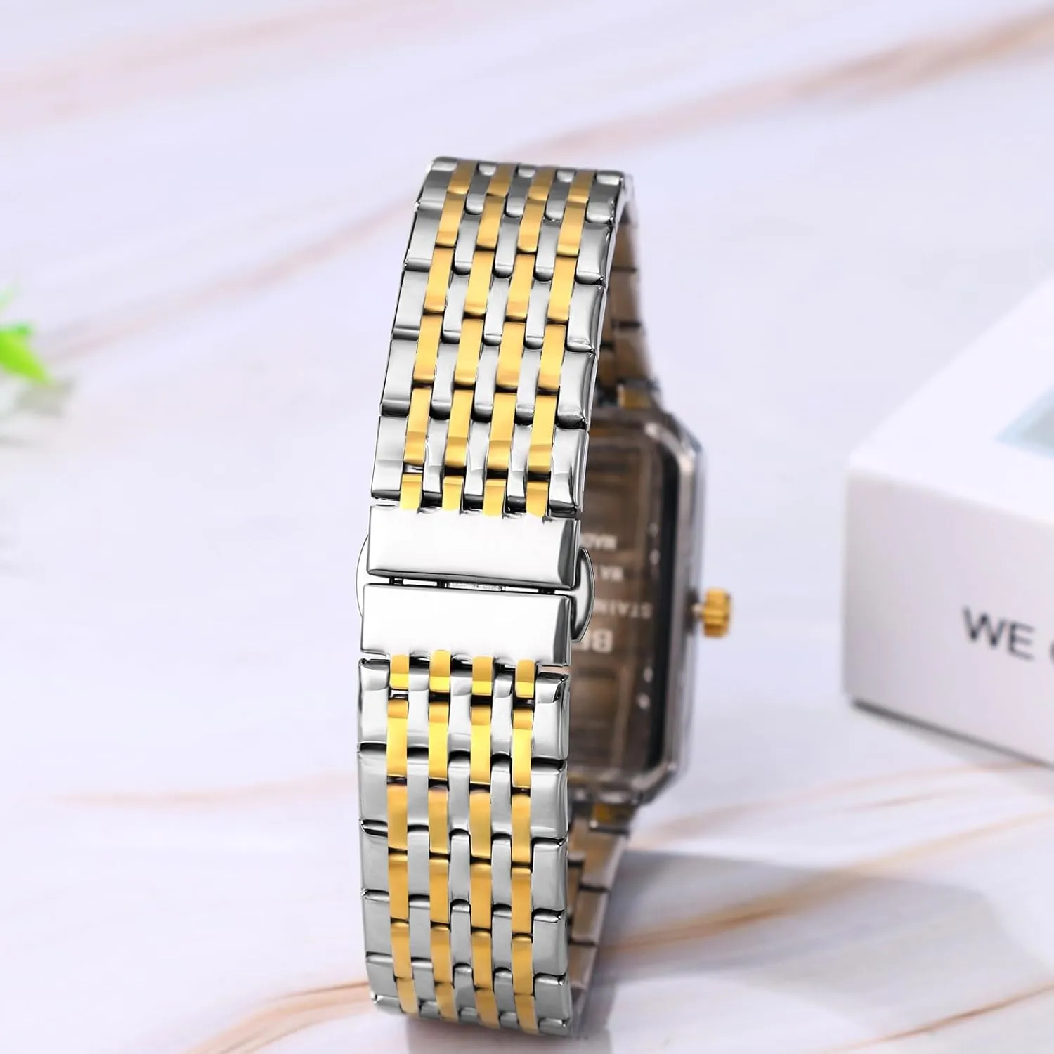 JewelryWe Rectangular Stainless Steel Watch: Men Gold Tone Quartz Analogue Square Tank Wristwatch Elegant Link Band Luxury