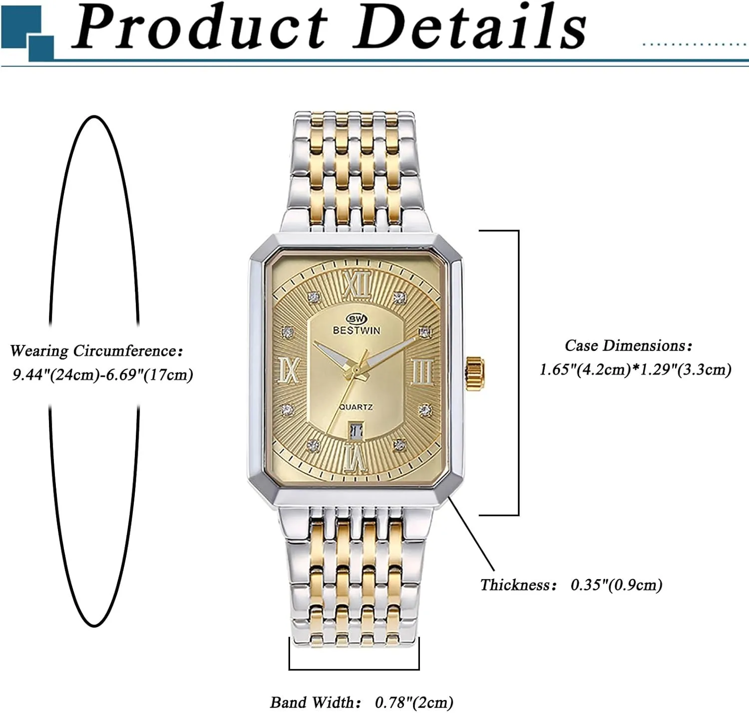 JewelryWe Rectangular Stainless Steel Watch: Men Gold Tone Quartz Analogue Square Tank Wristwatch Elegant Link Band Luxury