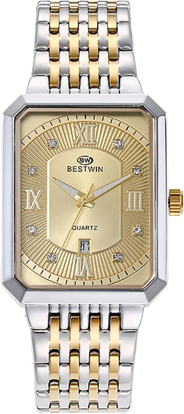 JewelryWe Rectangular Stainless Steel Watch: Men Gold Tone Quartz Analogue Square Tank Wristwatch Elegant Link Band Luxury