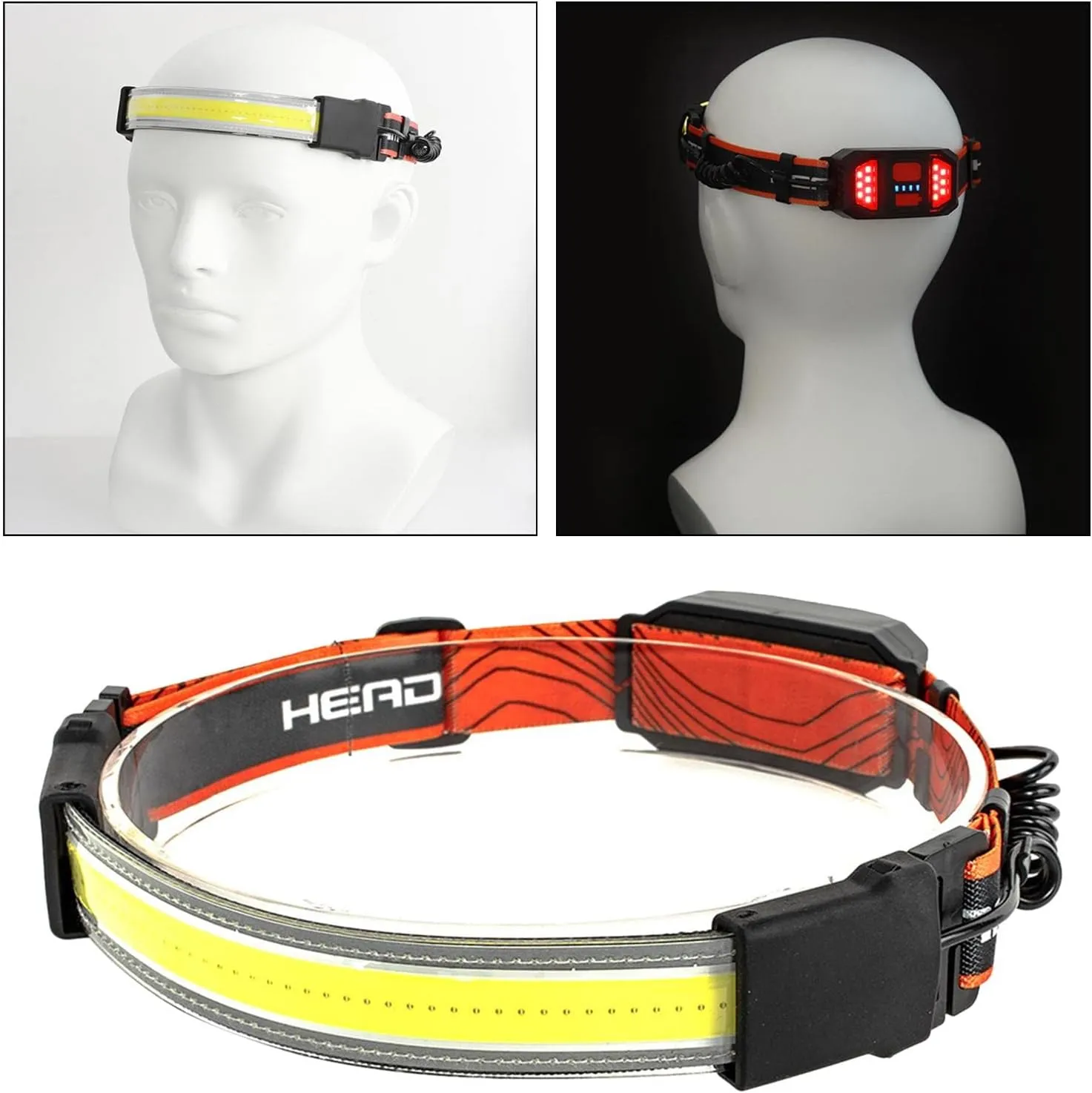 Jojomis 2X Wide-Beam LED Headlamp - Lightweight, Weatherproof, Rechargeable, USB-C, Red