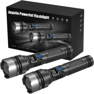 Juyafio Powerful Flashlight 150000 Lumens, USB Rechargeable Waterproof Handheld Flashlights High Lumens, 5 Modes Zoomable Torch with LCD Digital Display for Hiking Hunting Camping (2Pcs)