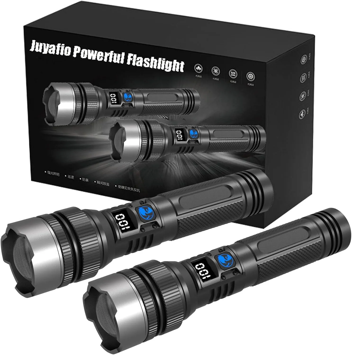 Juyafio Powerful Flashlight 150000 Lumens, USB Rechargeable Waterproof Handheld Flashlights High Lumens, 5 Modes Zoomable Torch with LCD Digital Display for Hiking Hunting Camping (2Pcs)