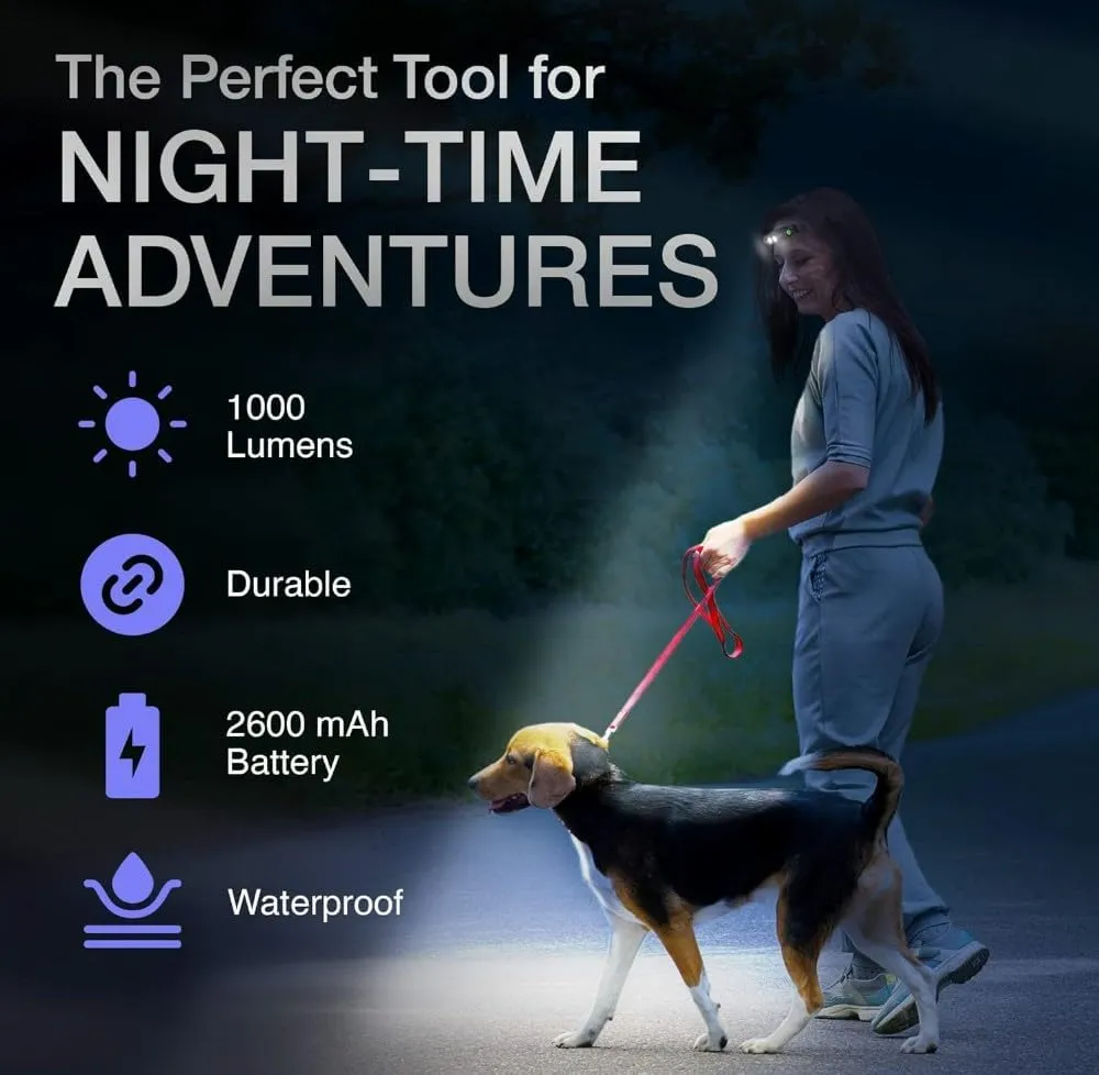 K-Bern Rechargeable Headlamp. 1000 Lumen, Super Bright Head Lights for Forehead. Waterproof, Lightweight Aluminum, 2600mAh Battery, Perfect for Dog Walking, Camping, Hiking & Hard Hats