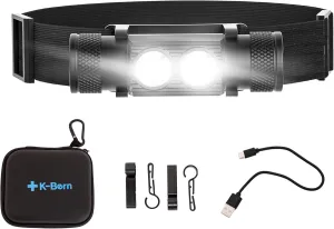 K-Bern Rechargeable Headlamp. 1000 Lumen, Super Bright Head Lights for Forehead. Waterproof, Lightweight Aluminum, 2600mAh Battery, Perfect for Dog Walking, Camping, Hiking & Hard Hats