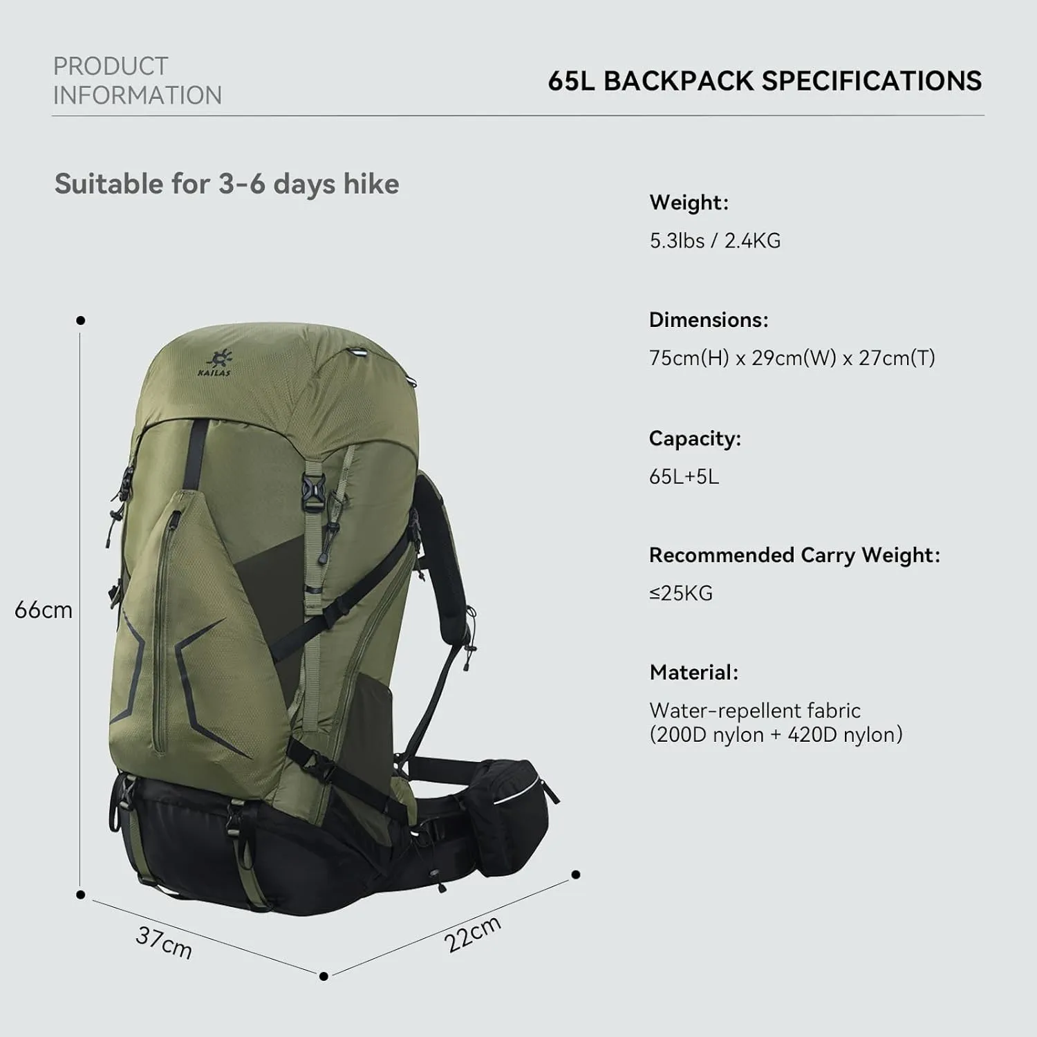 KAILAS RIDGE III 65 5L Hiking Backpack Trekking Daypack Outdoor Backpacking Waterproof Lightweight Internal Frame Backpack for Traveling Camping with Rain Cover Leaf Green S