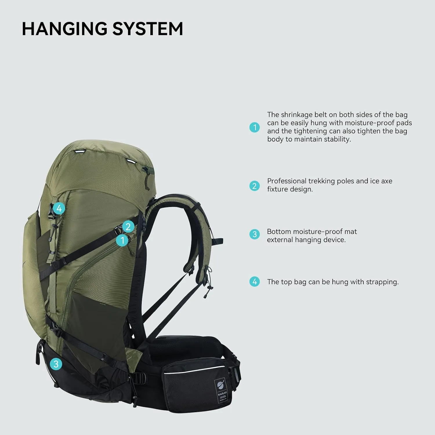 KAILAS RIDGE III 65 5L Hiking Backpack Trekking Daypack Outdoor Backpacking Waterproof Lightweight Internal Frame Backpack for Traveling Camping with Rain Cover Leaf Green S
